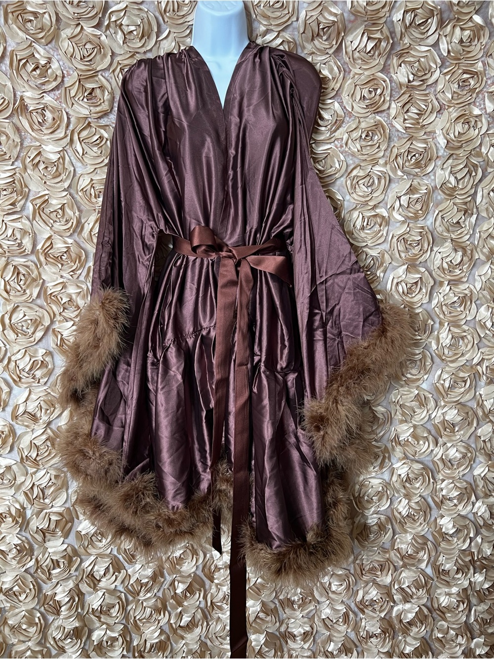 Satin Feather-Trim Robe - Brown